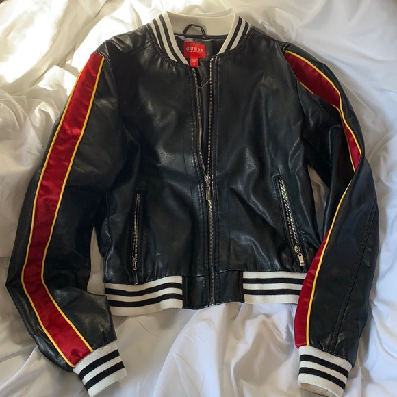 Guess Jackets & Blazers - Guess faux leather motto jacket with stripe